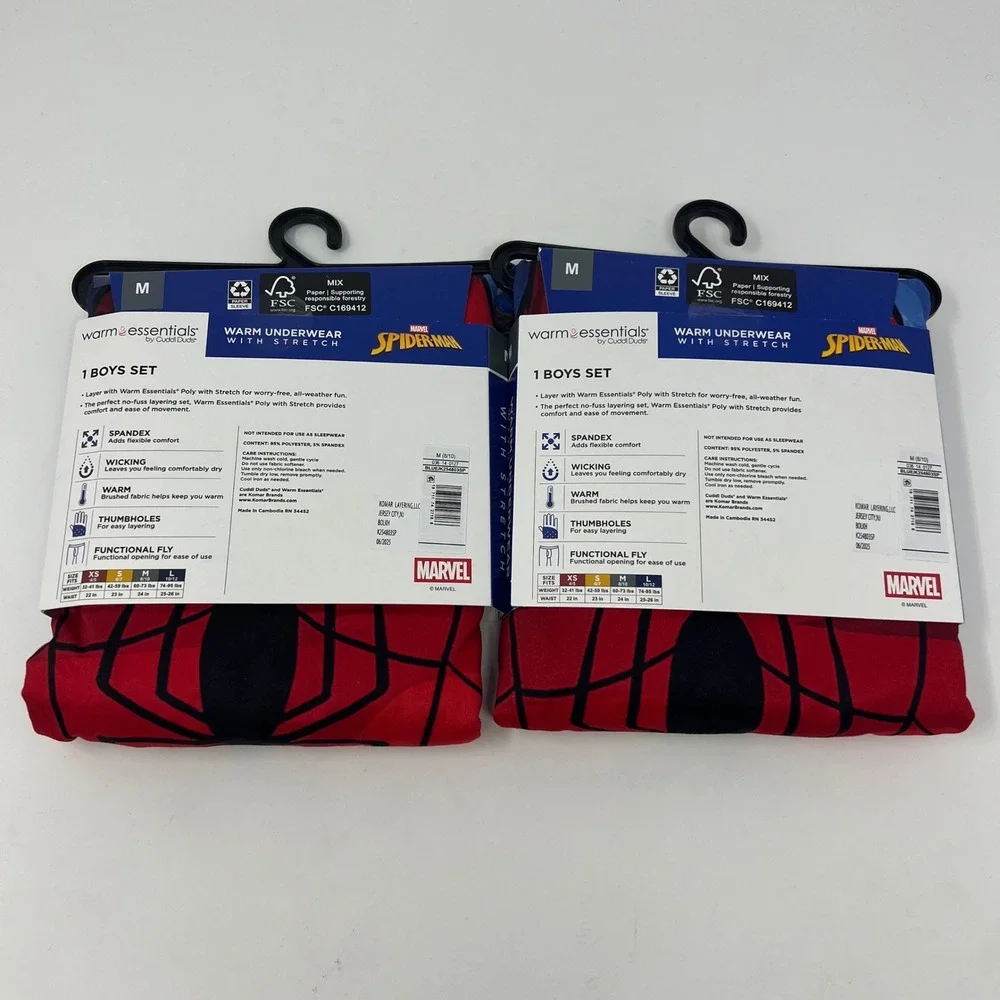 LOT of 2 Cuddl Duds Warm Essentials Spider-Man Thermal Underwear Boys M 8/10